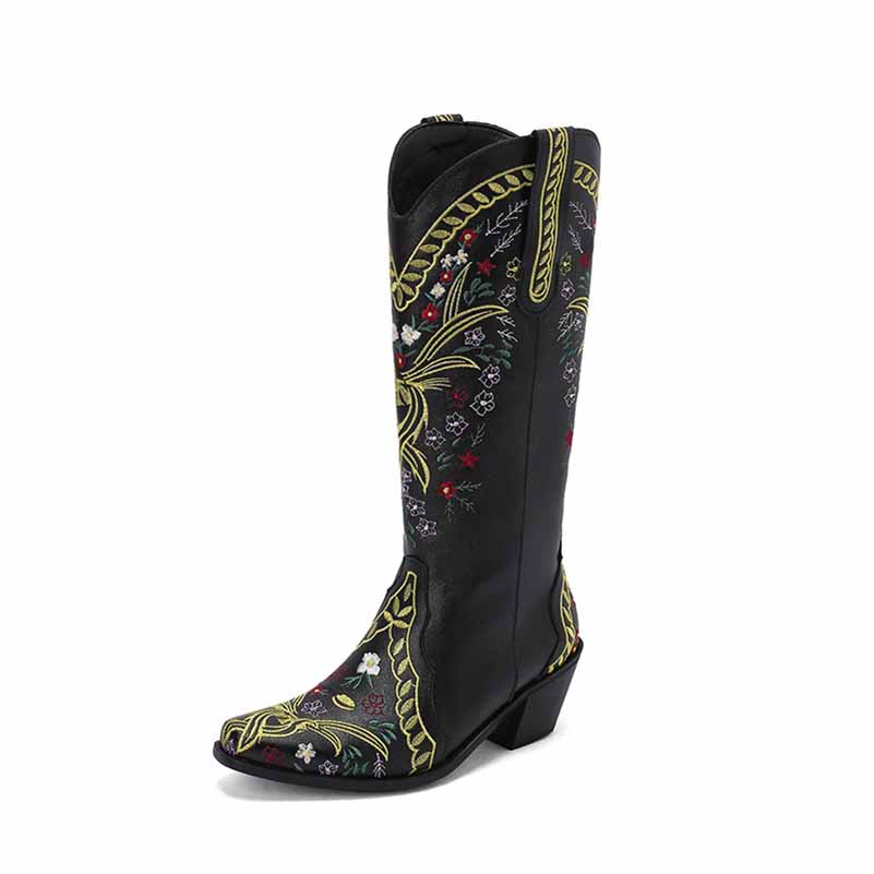 Women's knee length cowgirl boots with vibrant floral embroidery in black and yellow detailing