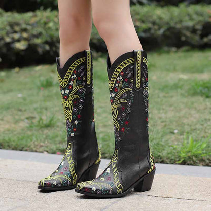 Women's knee length cowgirl boots with colorful floral embroidery for stylish country fashion