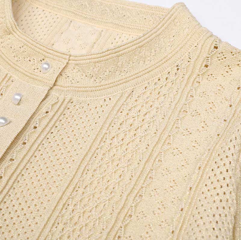 Women's knit long skirt suit in beige with textured detailing and stylish button closure