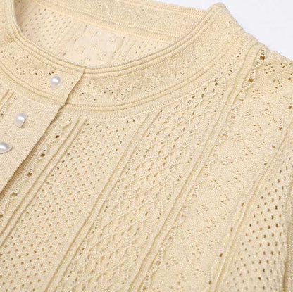 Women's knit long skirt suit in beige with textured detailing and stylish button closure