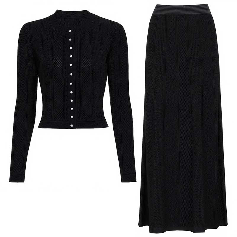 Women's knit long skirt suit in black with button-up cardigan and flowing skirt for a stylish look