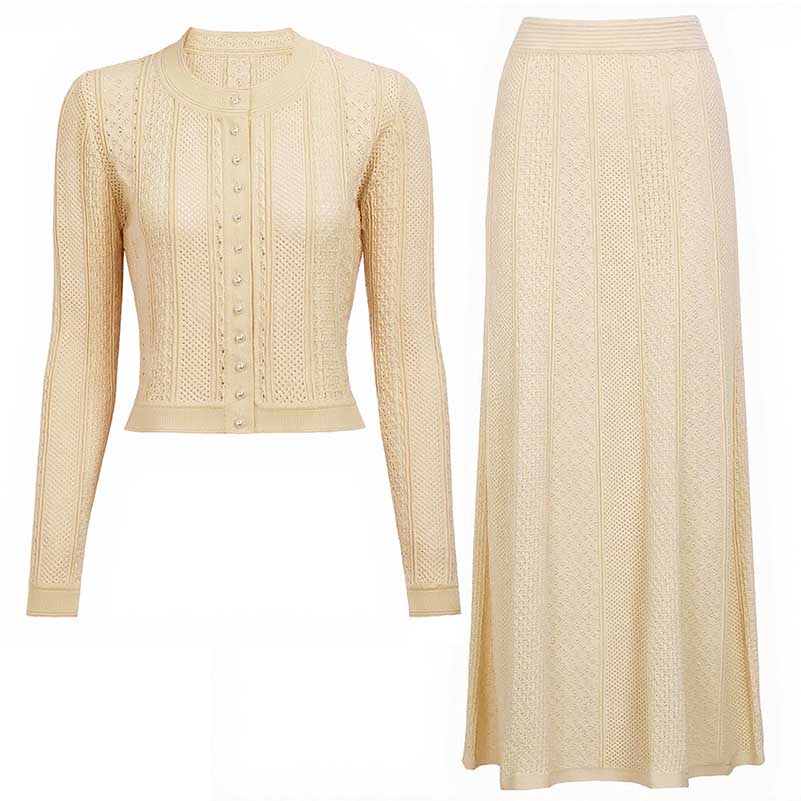 Elegant women's knit long skirt suit in cream color with stylish button-up cardigan and matching skirt
