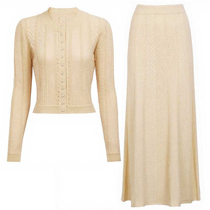 Elegant women's knit long skirt suit in cream color with stylish button-up cardigan and matching skirt