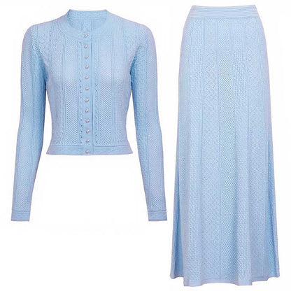 Light blue women's knit long skirt suit featuring a button-up cardigan and matching long skirt