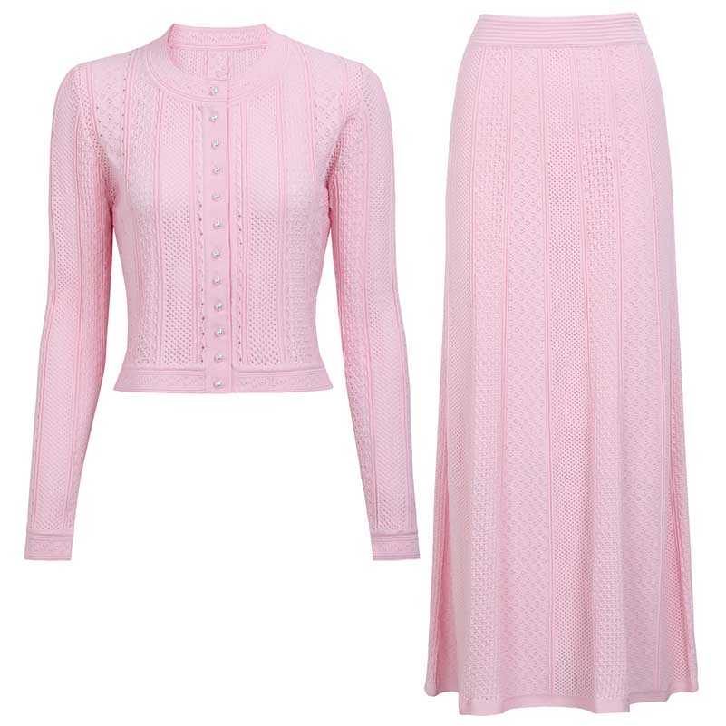 Women's knit long skirt suit in pink with button-up cardigan and matching long skirt