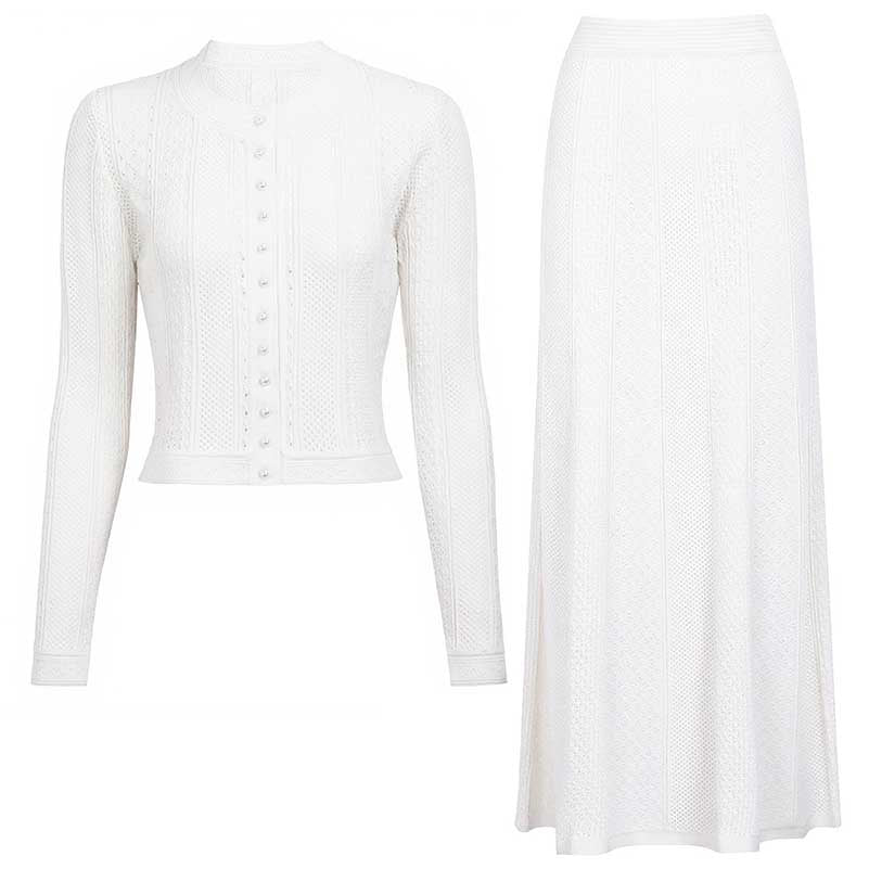 Elegant women's knit long skirt suit in white featuring a button-up cardigan and flowing skirt