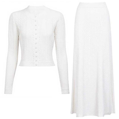 Elegant women's knit long skirt suit in white featuring a button-up cardigan and flowing skirt