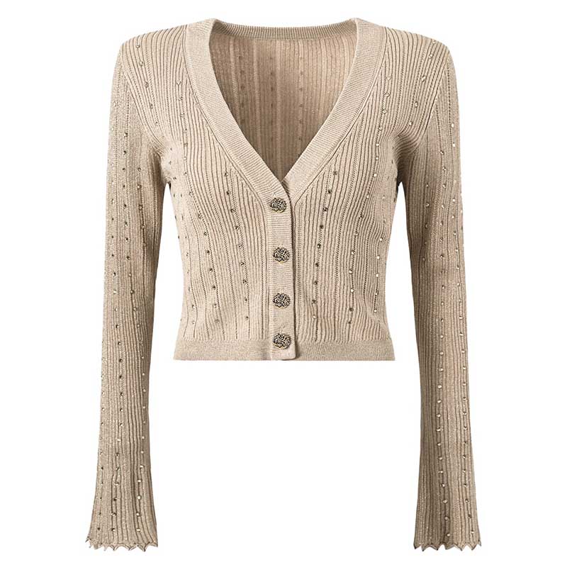 Beige women's knitted crop top and midi dress set featuring a ribbed texture and decorative buttons