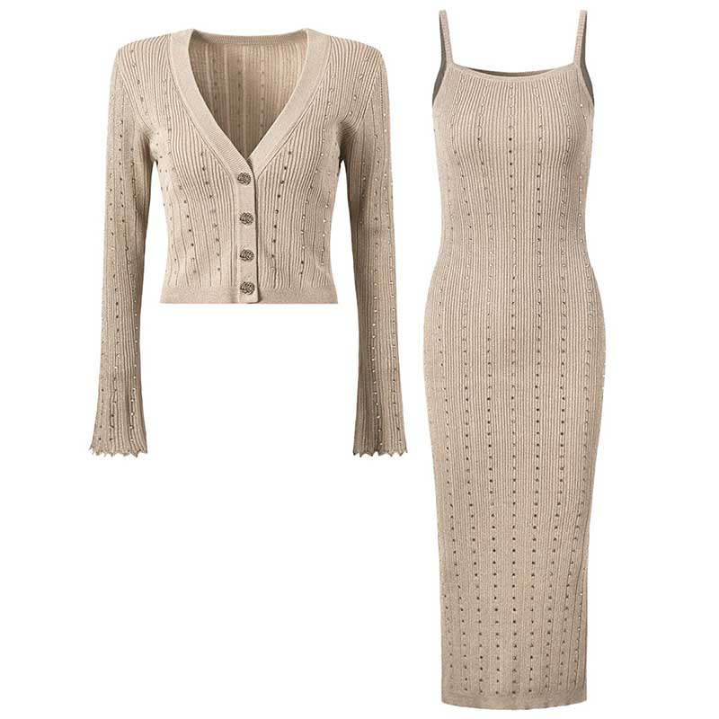 Women’s knitted crop top and midi dress set in beige with ribbed texture and stylish design elements