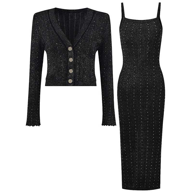 Women's knitted crop top and midi dress set in black with textured knit and stylish button detailing