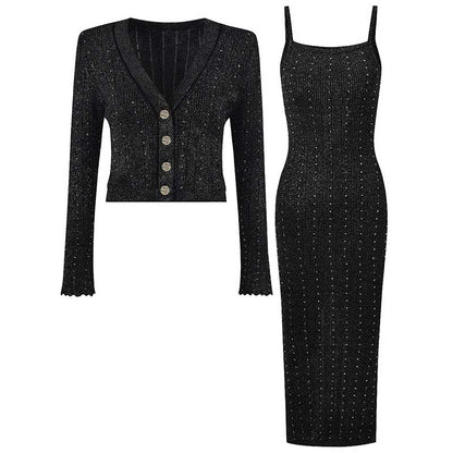 Women's knitted crop top and midi dress set in black with textured knit and stylish button detailing