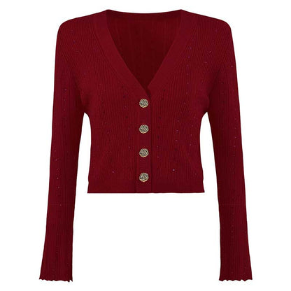 Women's knitted crop top and midi dress set featuring a stylish red cardigan with buttons