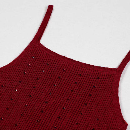 Elegant women's knitted crop top and midi dress set in rich burgundy with a stylish ribbed design