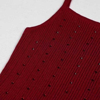 Women's knitted crop top and midi dress set in burgundy with textured design and embellishments