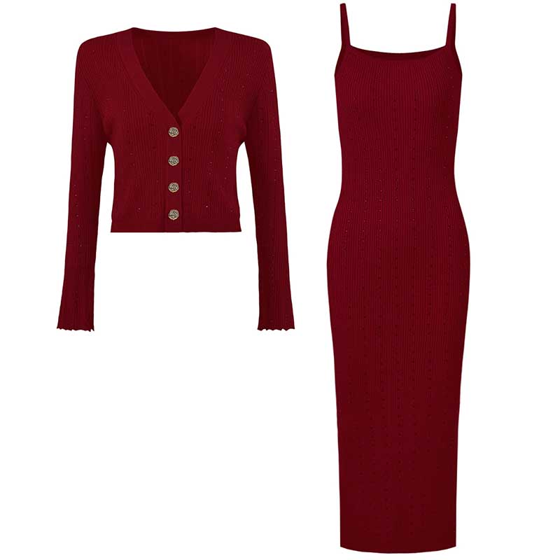 Women's knitted crop top and midi dress set in rich burgundy color for stylish layered looks