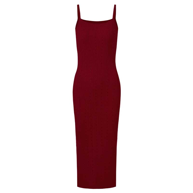Women's knitted crop top and midi dress set in burgundy with adjustable straps for a stylish look