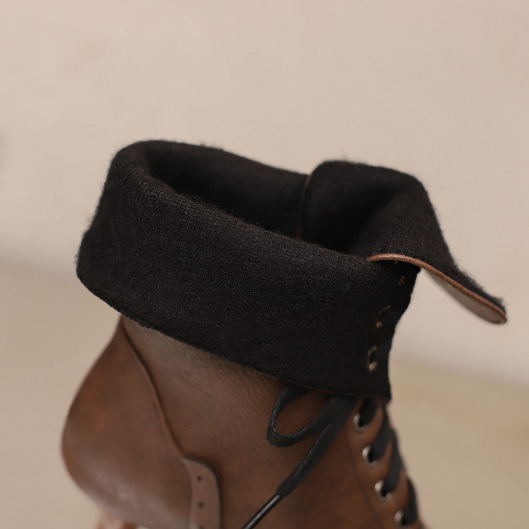 Close-up of sd-hk women's lace-up ankle boots featuring a cozy cuff detail for added comfort