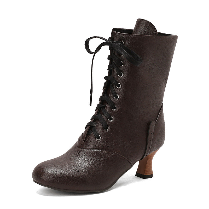 Women's lace-up ankle boots in brown with a stylish heel and durable leather design