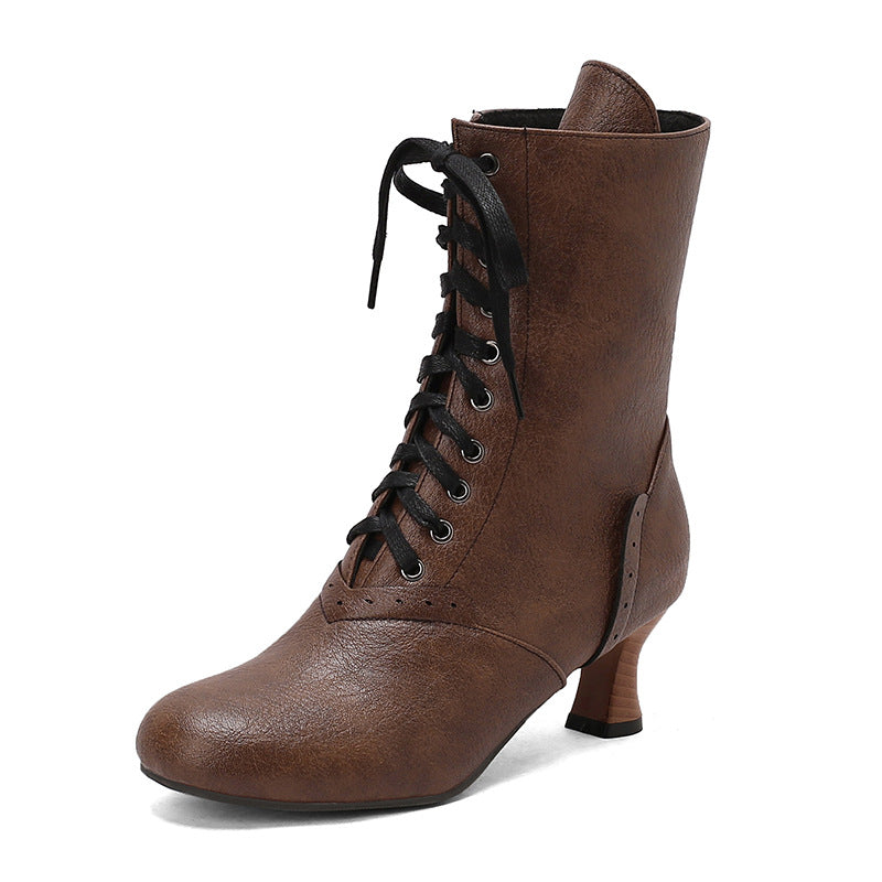 Brown women's lace-up ankle boots with a vintage design and stylish heel