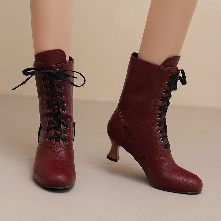 Stylish women's lace-up ankle boots in burgundy with a fashionable heel and sleek design