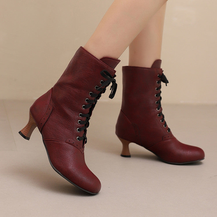 Stylish women's lace-up ankle boots in burgundy with a chic heel for a fashionable look