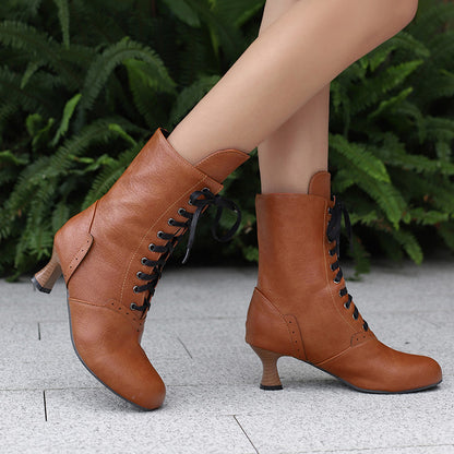 Brown women's lace-up ankle boots with unique heel design for stylish comfort