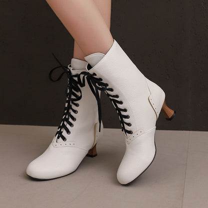 Stylish women's lace-up ankle boots in white with a modern heel for fashionable looks