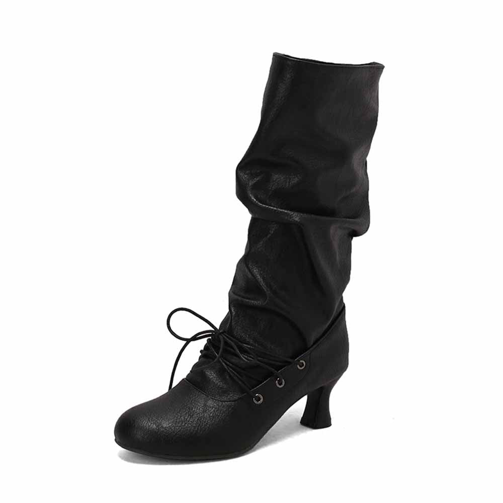 Stylish women's lace-up high shaft boots in black with a unique slouchy design and high heel