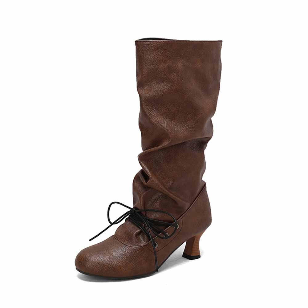 Women's lace-up high shaft boots in brown with stylish slouch design and low heels