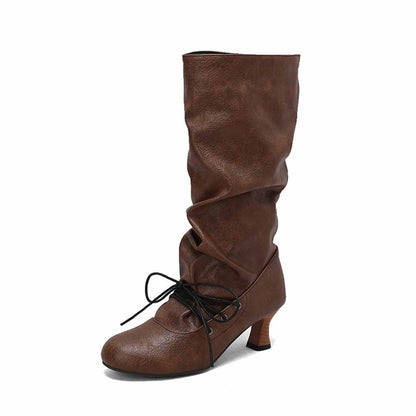 Women's lace-up high shaft boots in brown with stylish slouch design and low heels