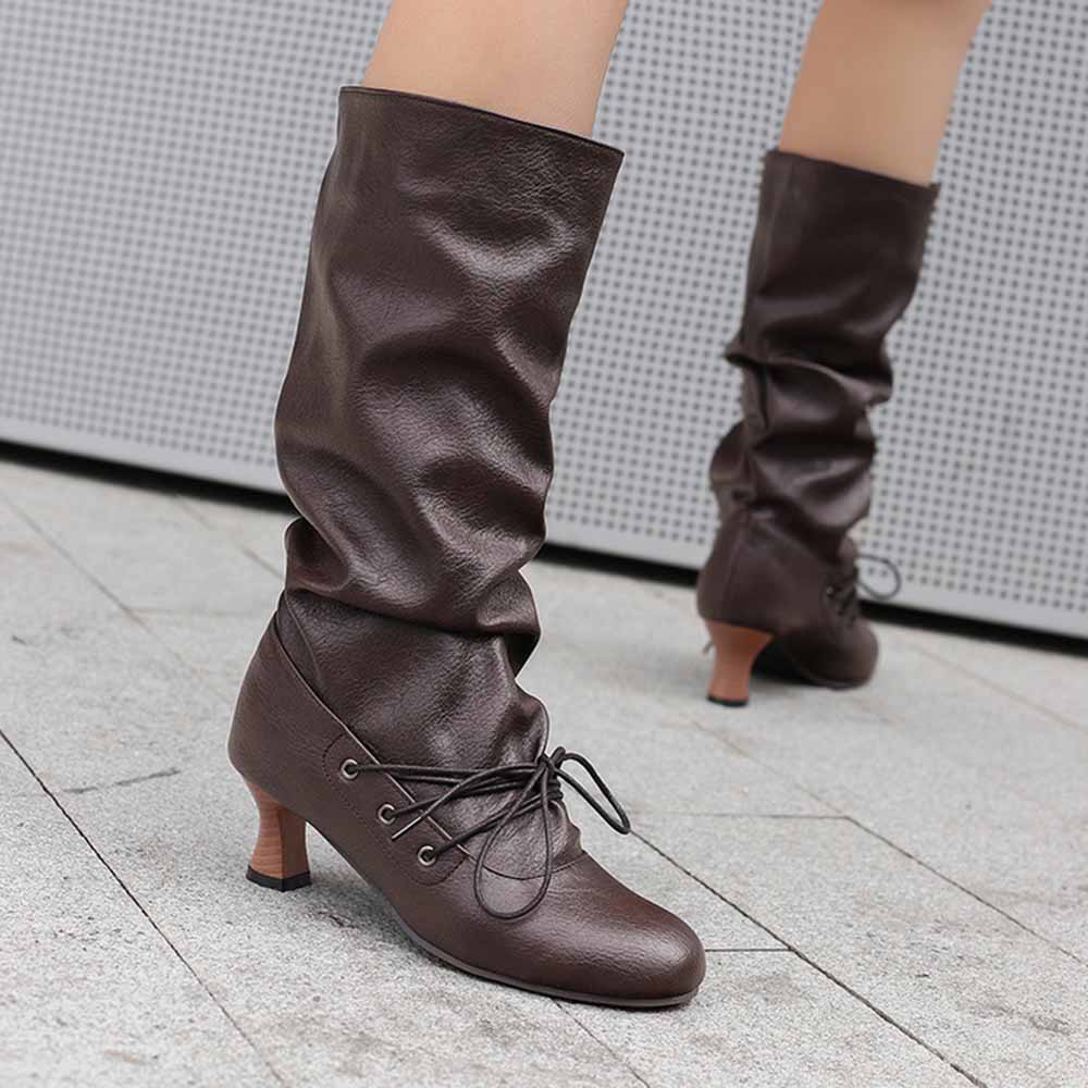Stylish women's lace-up high shaft boots in brown with a comfortable heel for fashionable outfits
