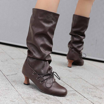 Stylish women's lace-up high shaft boots in brown with a comfortable heel for fashionable outfits