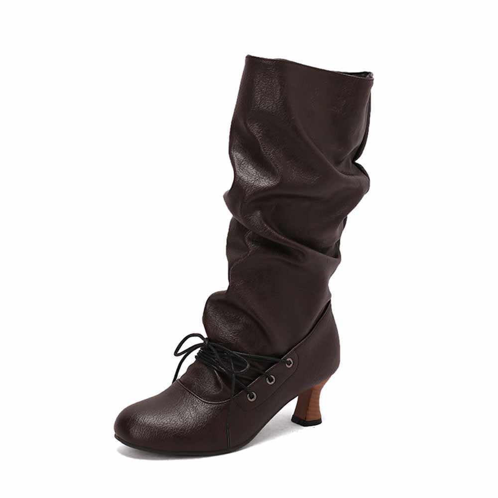 Women's lace-up high shaft boots in burgundy with stylish slouch design and small heel