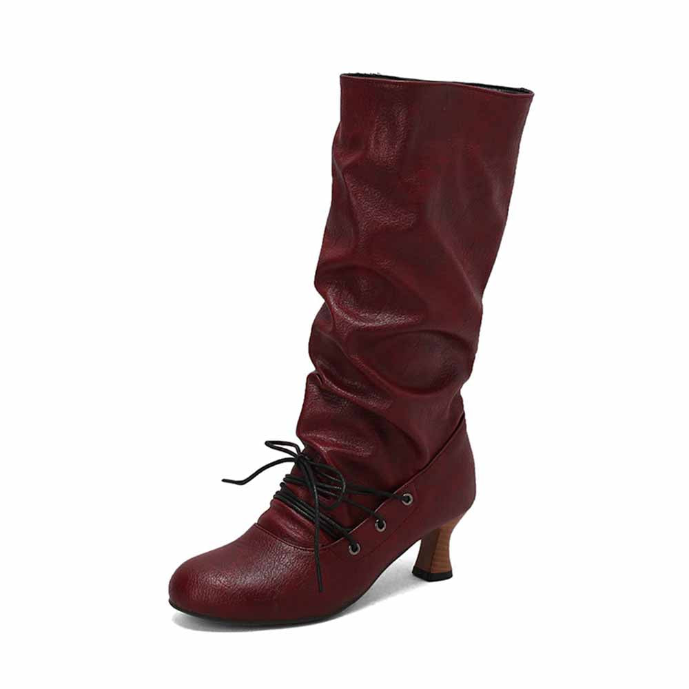 Stylish women's lace-up high shaft boots in burgundy with ruched design and heel