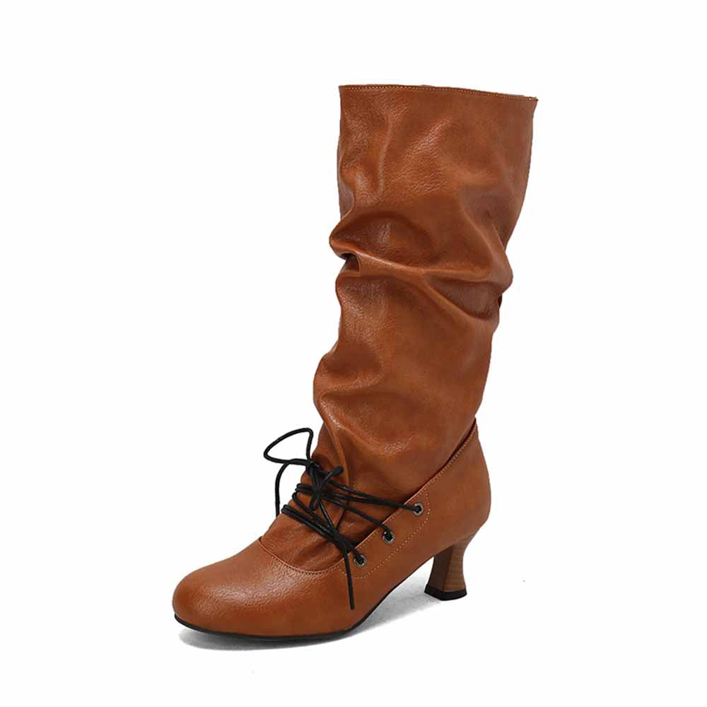 Women's lace-up high shaft boots in brown with a stylish slouchy design and a comfortable heel