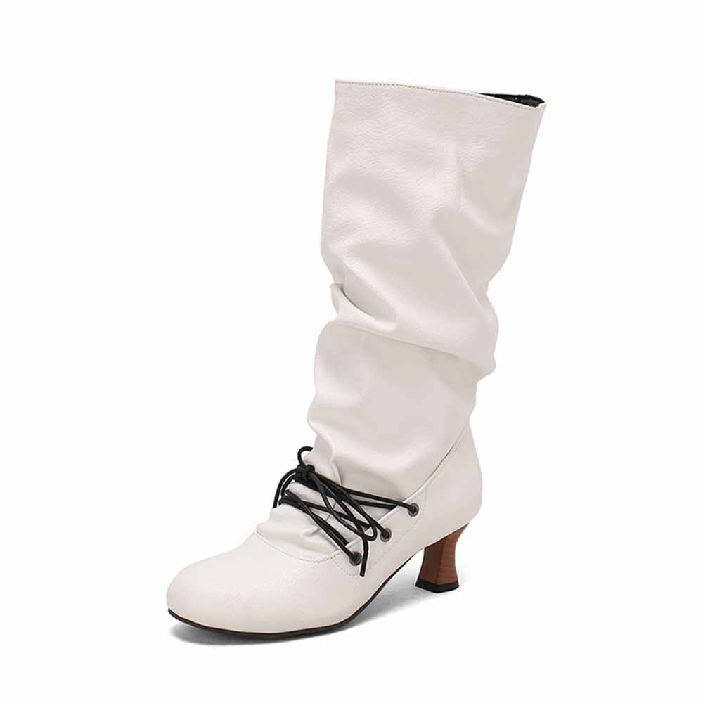 Women's lace-up high shaft boots in white with stylish slouch design and mid heel for trendy outfits