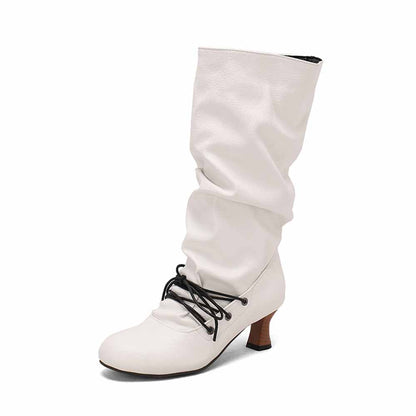 Women's lace-up high shaft boots in white with stylish slouch design and mid heel for trendy outfits