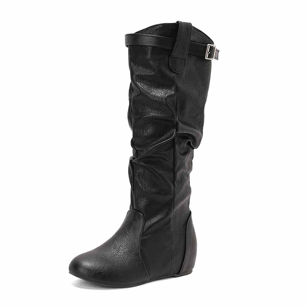 Stylish women's lace-up wedge boots in black with a comfortable slouch design and buckle detail