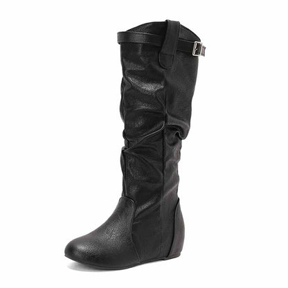 Stylish women's lace-up wedge boots in black with a comfortable slouch design and buckle detail