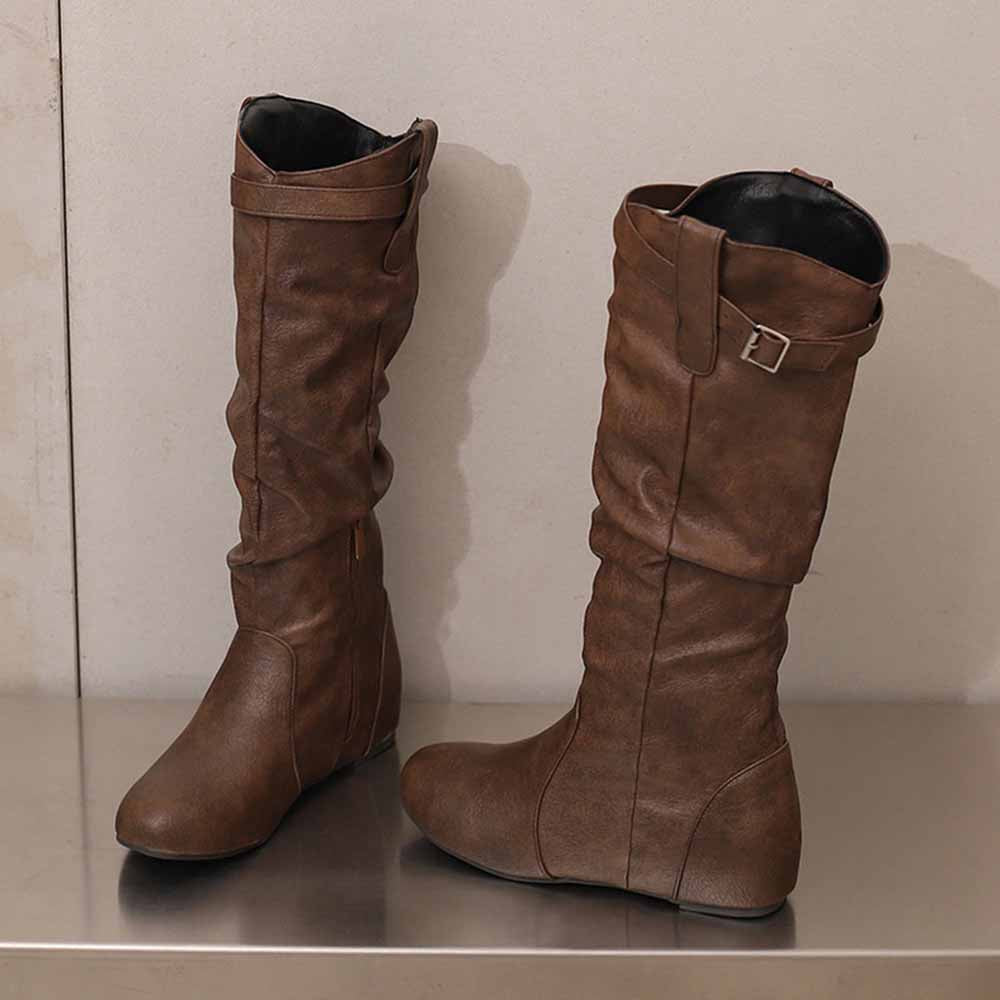 SD-HK women's lace-up wedge boots in brown with a slouchy design and stylish buckle detail