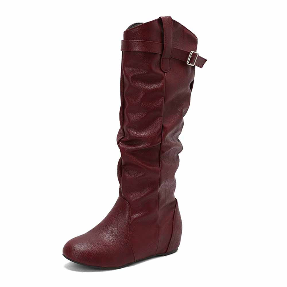 SD-HK women's lace-up wedge boots in burgundy with a stylish slouchy design and buckle detail