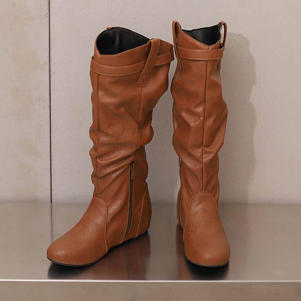 Brown women's lace-up wedge boots with a slouched design and side zipper for easy wear