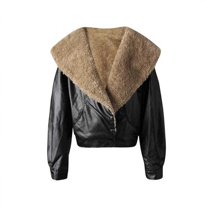 Women's leather effect jacket with shearling collar in black with a stylish oversized collar
