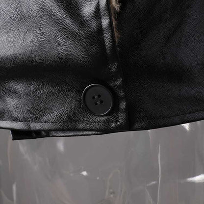 Close-up of women's leather effect jacket with shearling collar featuring stylish button detail