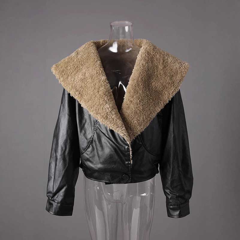 Stylish women's leather effect jacket with shearling collar, featuring a cropped design and soft texture