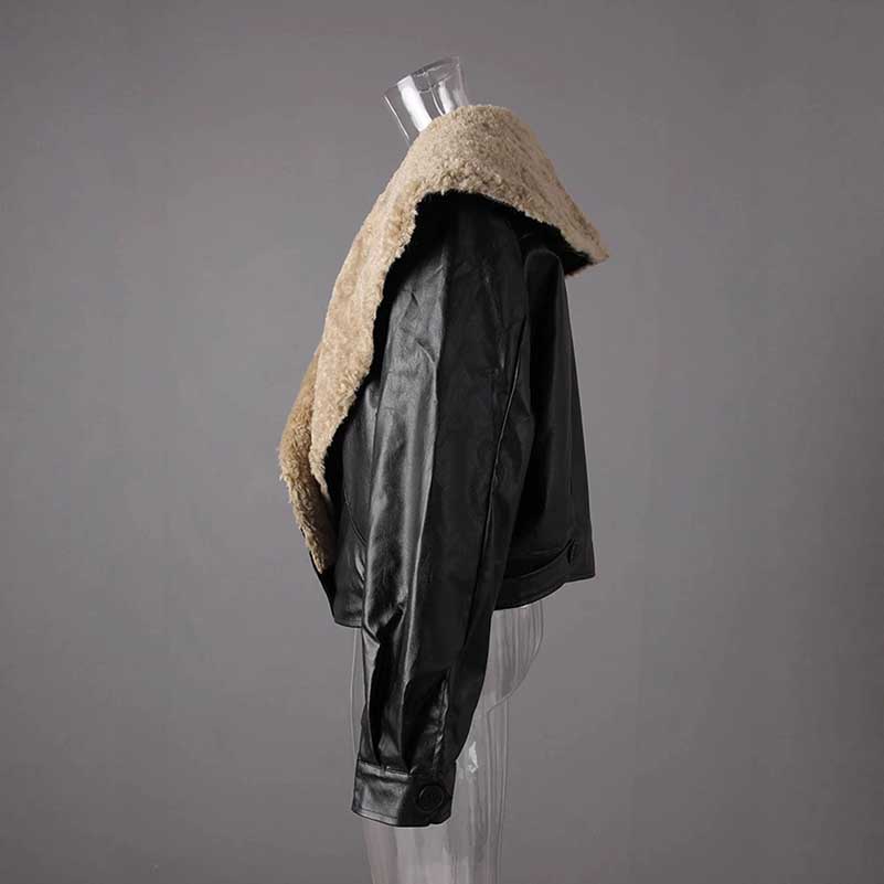 Stylish women's leather effect jacket with shearling collar for a fashionable look