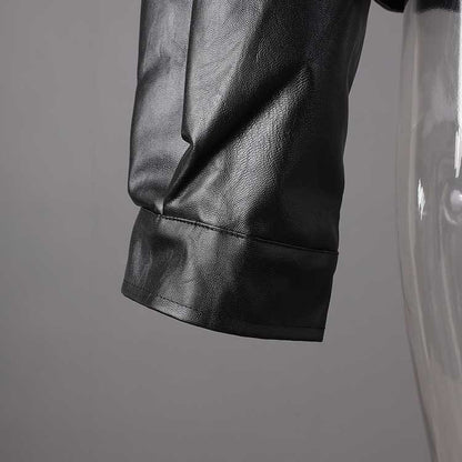 Close-up of women's leather effect jacket with shearling collar showcasing high-quality material and stylish design