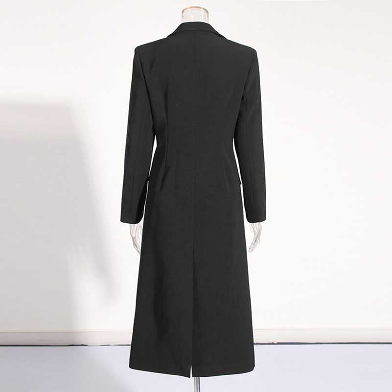 Back view of a stylish black women's maxi blazer coat with elegant tailoring for a sophisticated look