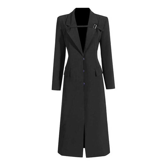 Elegant black women's maxi blazer coat featuring a tailored fit and stylish collar