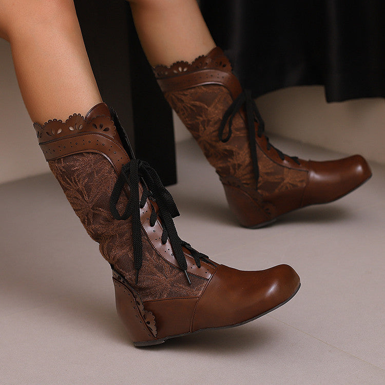 Stylish women's mid-calf lace up wedge boots in brown with decorative lace and black laces